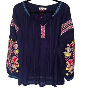 Solitaire Navy Blue‎ Embroidered Boho Peasant Blouse Tassel Tie Large 17-2845